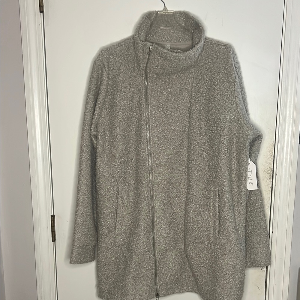 Stylus XXL Oatmeal Boucle Faux Lambswool Midweight Jacket Coat Offset Zipper NWT